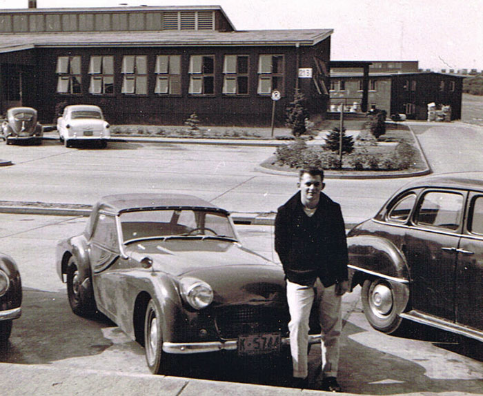 Sembach AB, 1958. Cass Cowell in front of the 6910th RGM. The chow hall is across the street.