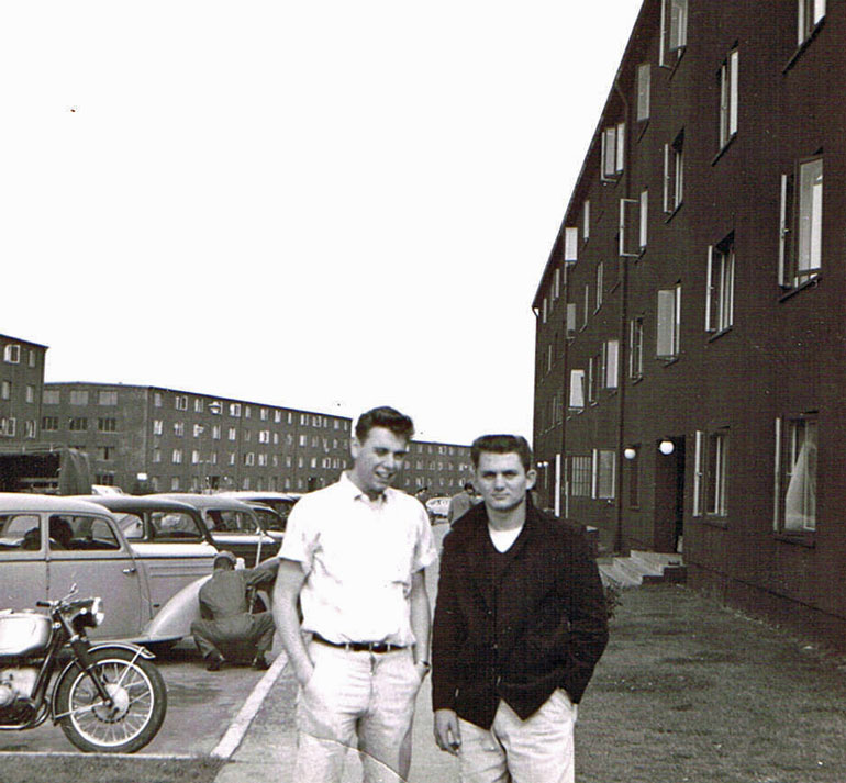 Sembach AFB 1958. Paul "Fumes" Fumarola and Ron "Cass" Cowell, in front of the 6910th RGM on barracks row.