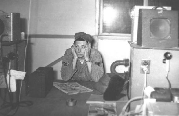 Sembach Airman Ron Lang in the Radar and Radio Maintanence shop.  Circa 1953, Sembach AB, Germany.